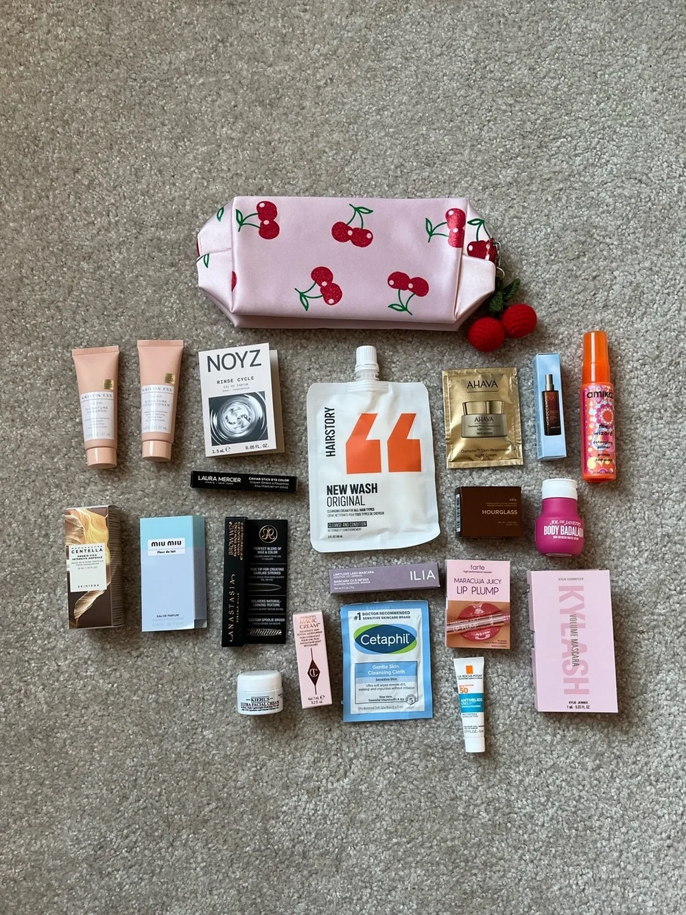 Ulta Beauty Bundle of 20 Skincare Hair Makeup Samples Cherry Print Cosmetic Bag